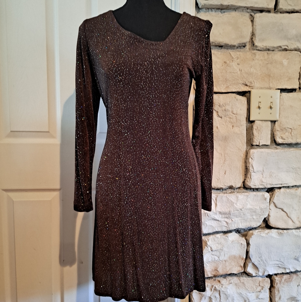 Sparkly brown dress. 6P. Asymmetrical neckline.